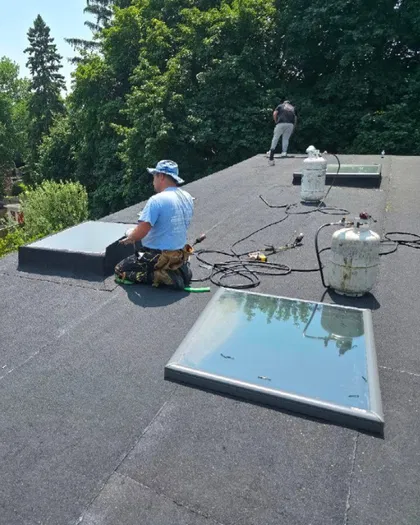 Multiple skylights installed on a flat roof by Alba Tech Roofing